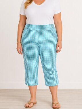 Lands’ End 1X Aqua Gingham Capri Pants Preppy Coastal Grandmother Golf Plus Size